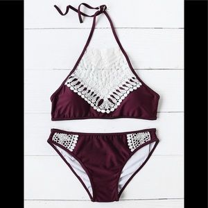 Lace crochet halter top with bikini set
